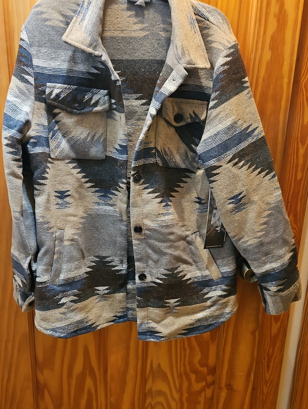 Aztec Pattern Button-Front Jacket in Gray and Navy